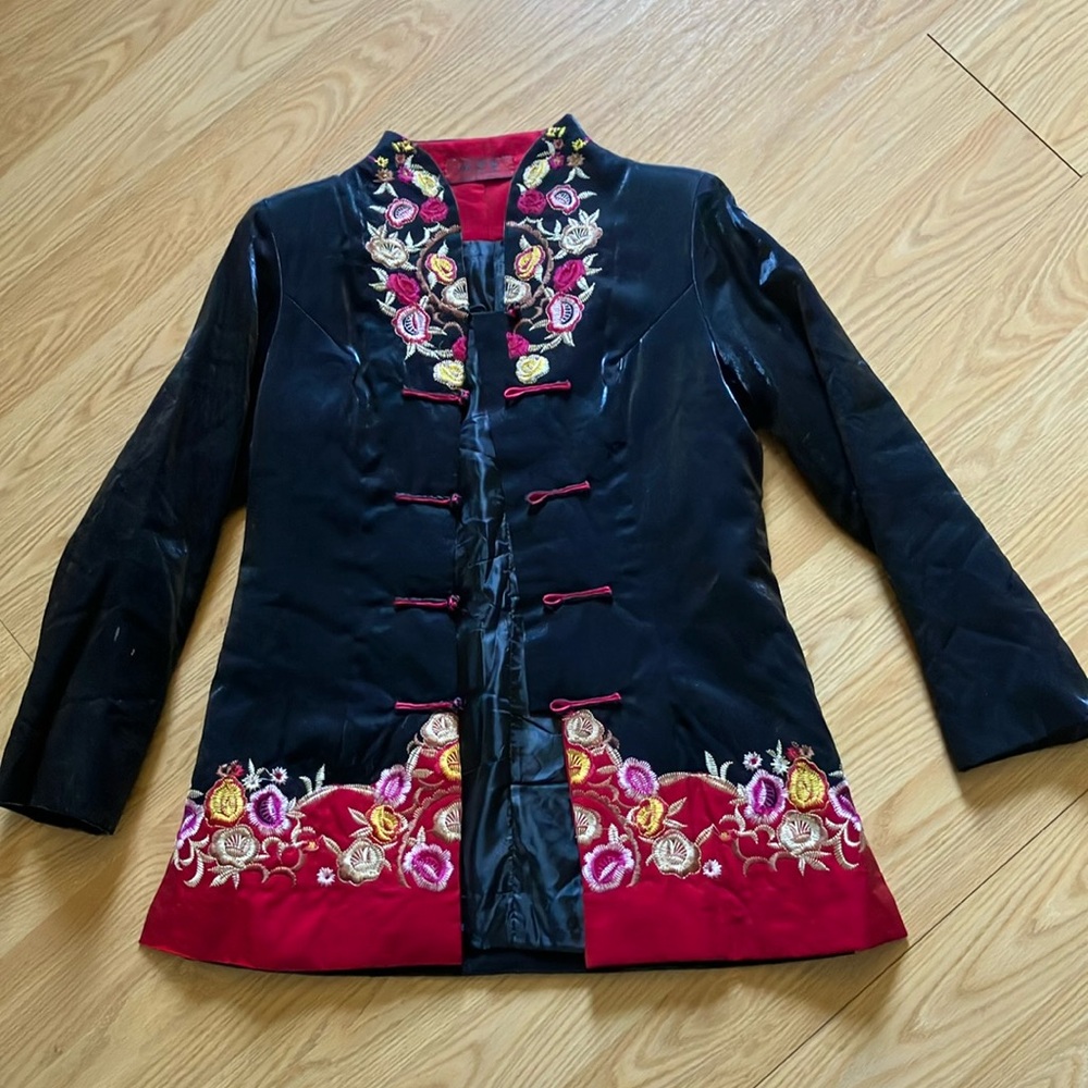 Luxurious Black and Red Velvet Blazer with Floral Embroidery